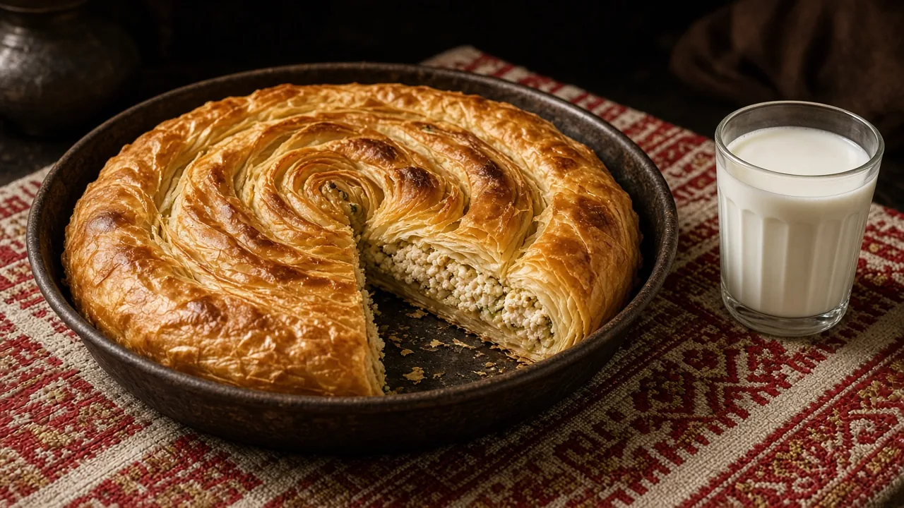 A golden coiled burek pie with a slice cut out in a dark baking pan, beside a glass of yogurt on a red embroidered folk tablecloth